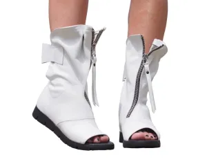 Adrenaline Fashion Elegant White Open Toe Leather Boots with Zipper & Bow - Stylish Women's Footwear - Extravagant and Comfortable Ankle Peep Toe Booties with Cut-Out Design, Size 5 to 10