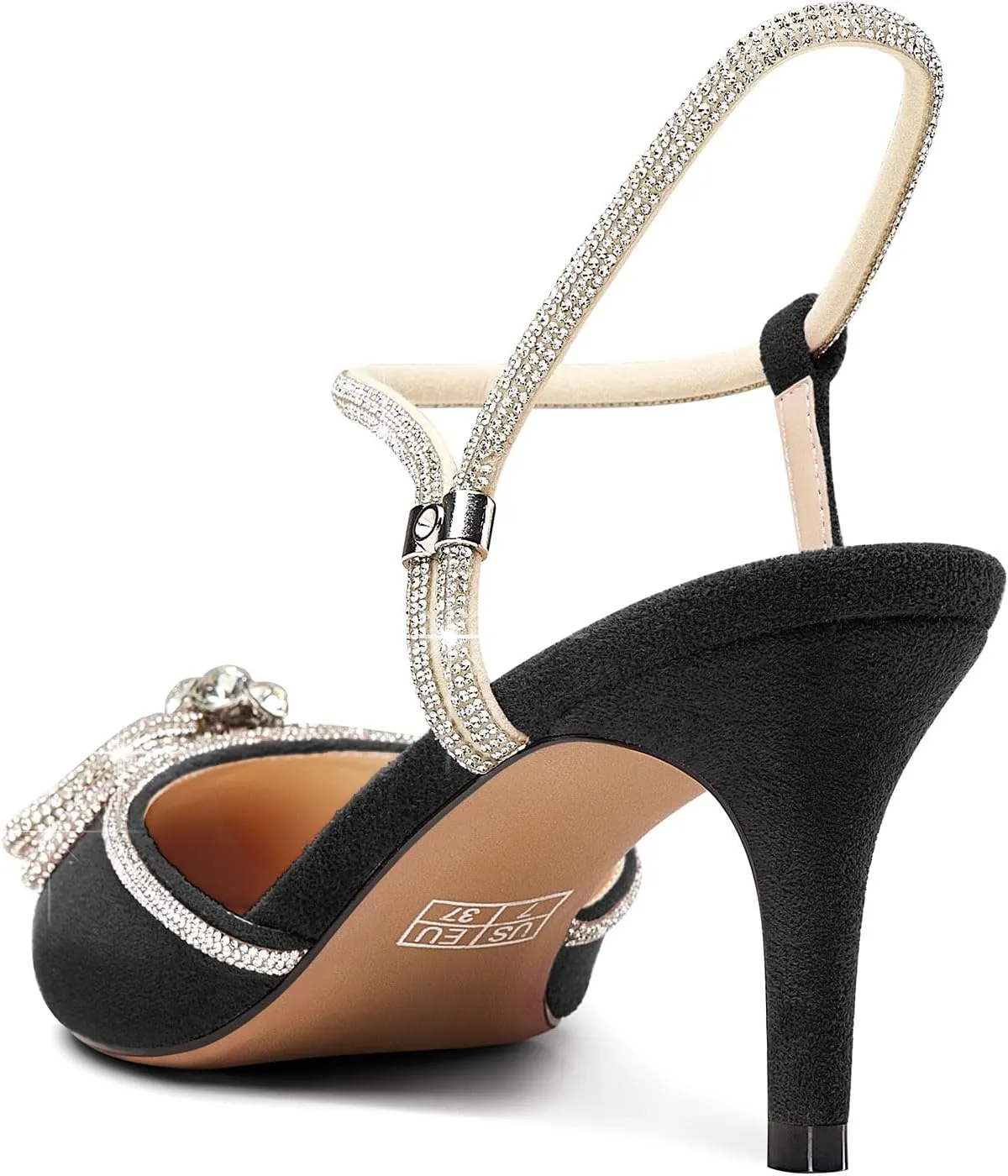 DearOnly Womens Rhinestone Kitten Heels with Bow-Knot Glitter Ankle Strap Pointed Toe Pumps Stiletto Mid Heel Crystal Slingback Wedding Dress Shoes 2.6 Inches Heels