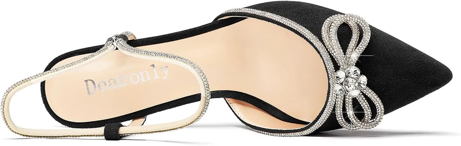 DearOnly Womens Rhinestone Kitten Heels with Bow-Knot Glitter Ankle Strap Pointed Toe Pumps Stiletto Mid Heel Crystal Slingback Wedding Dress Shoes 2.6 Inches Heels