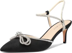 DearOnly Womens Rhinestone Kitten Heels with Bow-Knot Glitter Ankle Strap Pointed Toe Pumps Stiletto Mid Heel Crystal Slingback Wedding Dress Shoes 2.6 Inches Heels