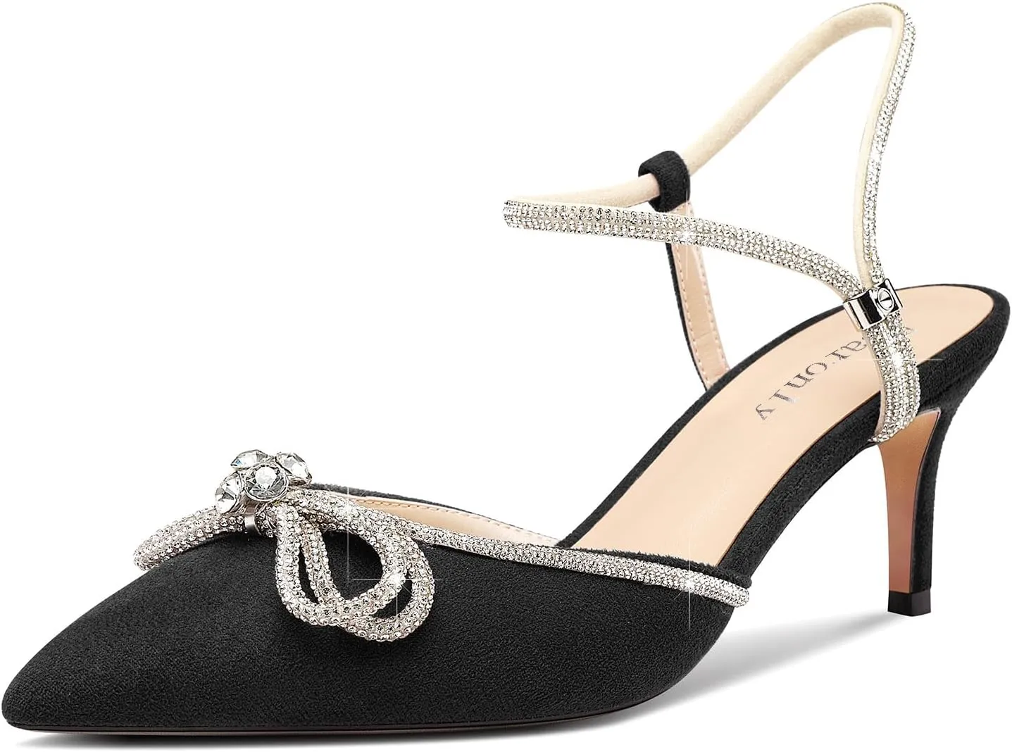 DearOnly Womens Rhinestone Kitten Heels with Bow-Knot Glitter Ankle Strap Pointed Toe Pumps Stiletto Mid Heel Crystal Slingback Wedding Dress Shoes 2.6 Inches Heels