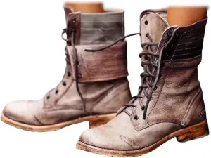 Ladmiple Boots For Women Ankle Booties Western Winter Mid Calf Military Combat Boots Low Heel Motorcycle Riding Biker Boots