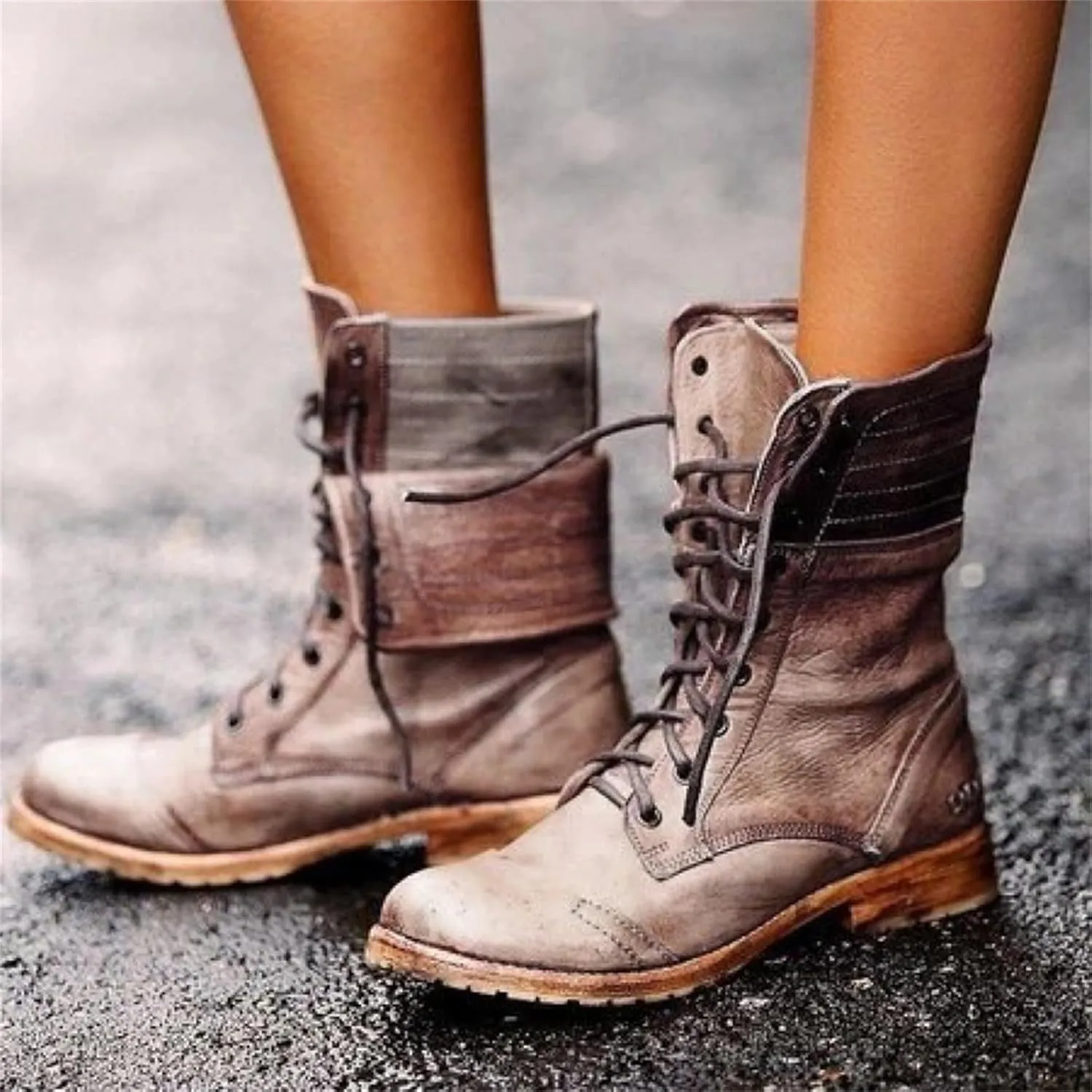 Ladmiple Boots For Women Ankle Booties Western Winter Mid Calf Military Combat Boots Low Heel Motorcycle Riding Biker Boots