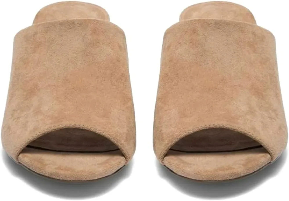 LEHOOR Women Chunky Block Heel Mules Open Peep Toe Slip On Suede Sandals 2” Mid Heels Round Toe Slides Shoes Comfortable Backless Loafers Office Work Summer Beach Slide Slippers Elegant 4-11 M US
