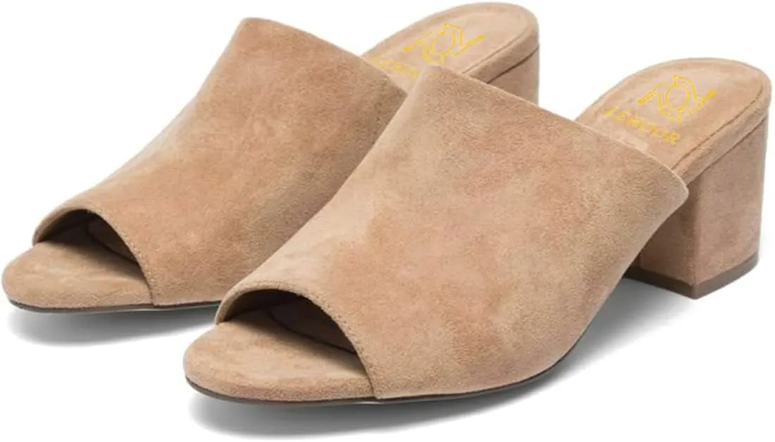 LEHOOR Women Chunky Block Heel Mules Open Peep Toe Slip On Suede Sandals 2” Mid Heels Round Toe Slides Shoes Comfortable Backless Loafers Office Work Summer Beach Slide Slippers Elegant 4-11 M US
