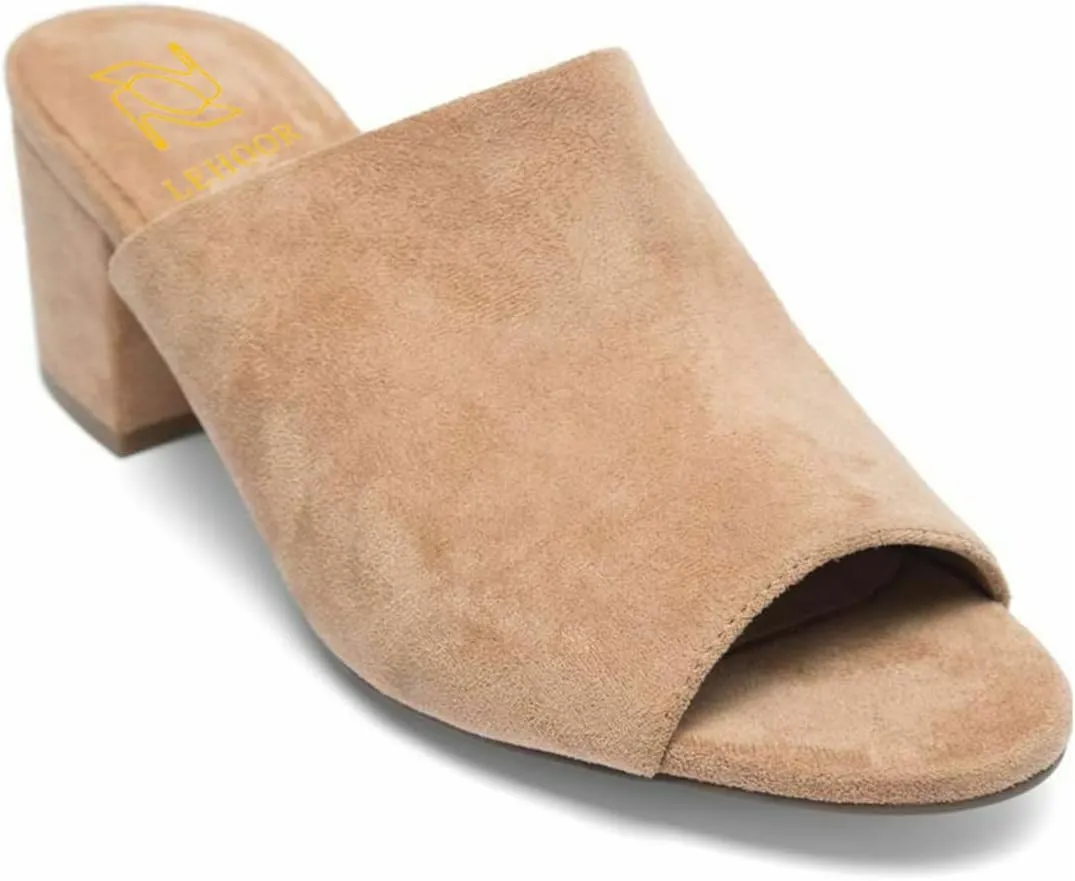 LEHOOR Women Chunky Block Heel Mules Open Peep Toe Slip On Suede Sandals 2” Mid Heels Round Toe Slides Shoes Comfortable Backless Loafers Office Work Summer Beach Slide Slippers Elegant 4-11 M US