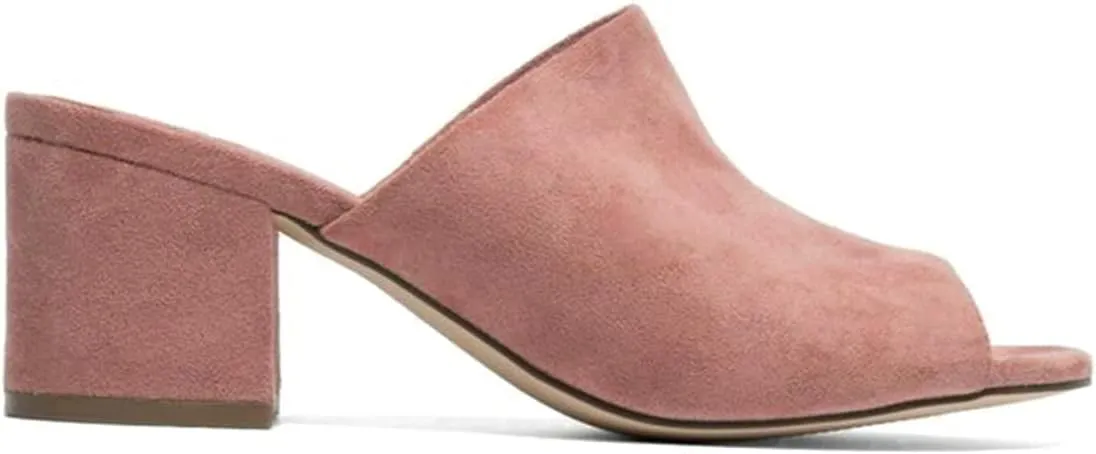 LEHOOR Women Chunky Block Heel Mules Open Peep Toe Slip On Suede Sandals 2” Mid Heels Round Toe Slides Shoes Comfortable Backless Loafers Office Work Summer Beach Slide Slippers Elegant 4-11 M US