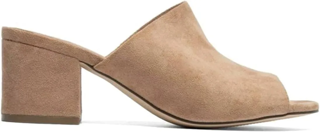 LEHOOR Women Chunky Block Heel Mules Open Peep Toe Slip On Suede Sandals 2” Mid Heels Round Toe Slides Shoes Comfortable Backless Loafers Office Work Summer Beach Slide Slippers Elegant 4-11 M US