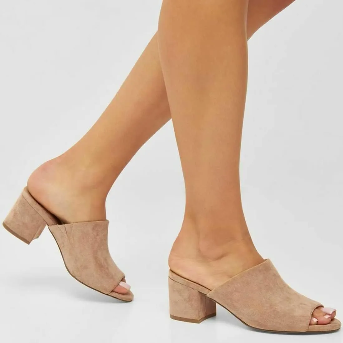 LEHOOR Women Chunky Block Heel Mules Open Peep Toe Slip On Suede Sandals 2” Mid Heels Round Toe Slides Shoes Comfortable Backless Loafers Office Work Summer Beach Slide Slippers Elegant 4-11 M US