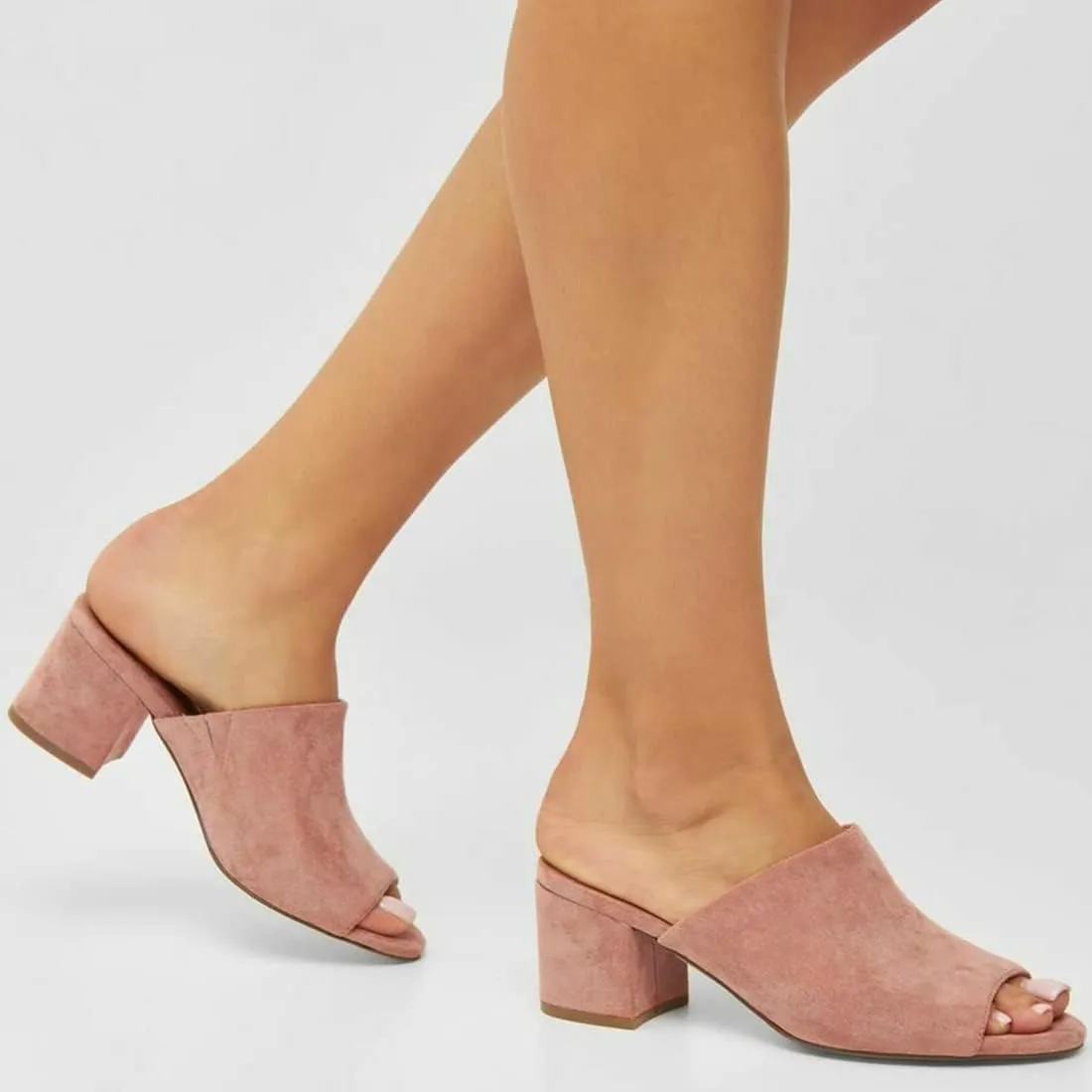 LEHOOR Women Chunky Block Heel Mules Open Peep Toe Slip On Suede Sandals 2” Mid Heels Round Toe Slides Shoes Comfortable Backless Loafers Office Work Summer Beach Slide Slippers Elegant 4-11 M US