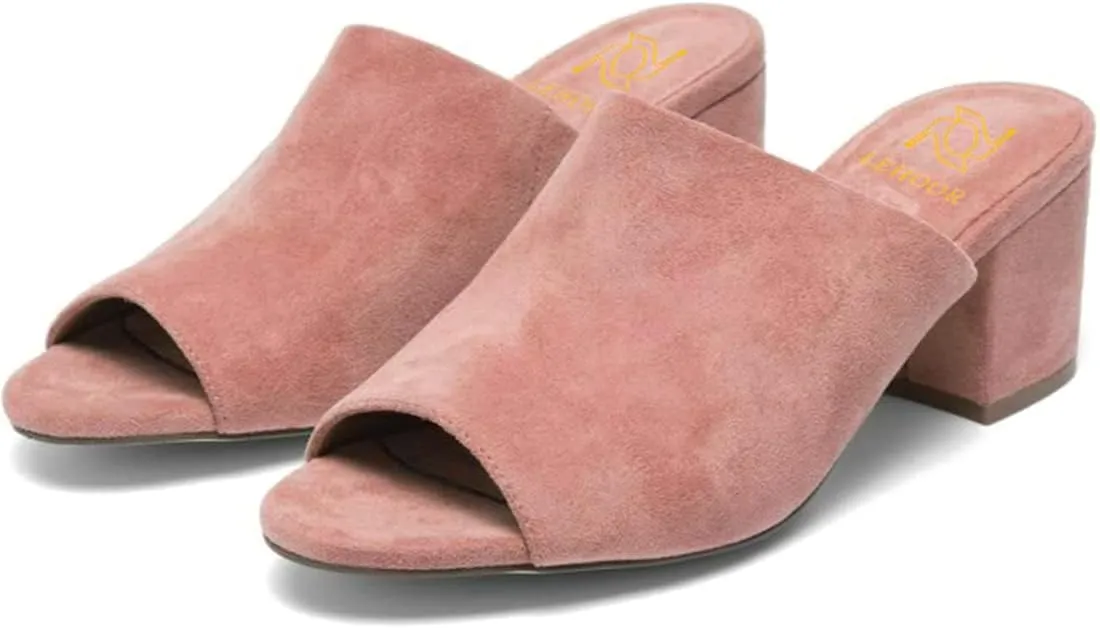 LEHOOR Women Chunky Block Heel Mules Open Peep Toe Slip On Suede Sandals 2” Mid Heels Round Toe Slides Shoes Comfortable Backless Loafers Office Work Summer Beach Slide Slippers Elegant 4-11 M US