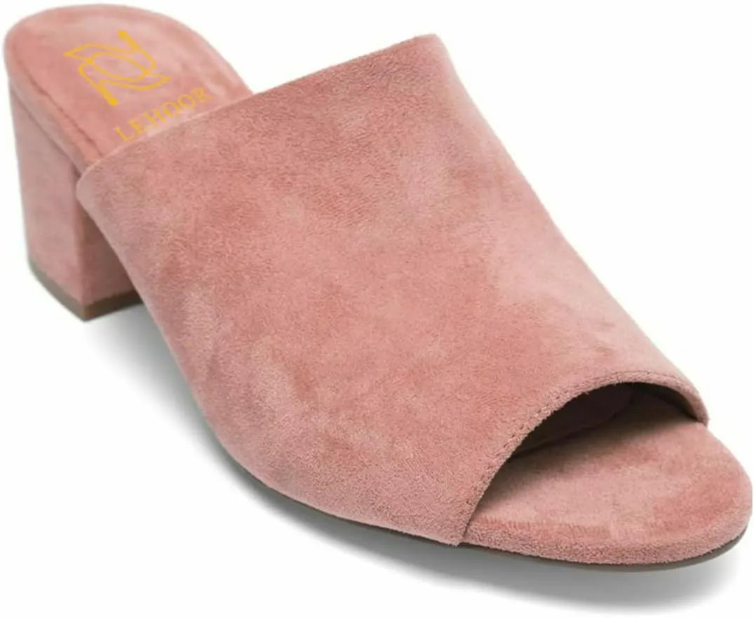 LEHOOR Women Chunky Block Heel Mules Open Peep Toe Slip On Suede Sandals 2” Mid Heels Round Toe Slides Shoes Comfortable Backless Loafers Office Work Summer Beach Slide Slippers Elegant 4-11 M US