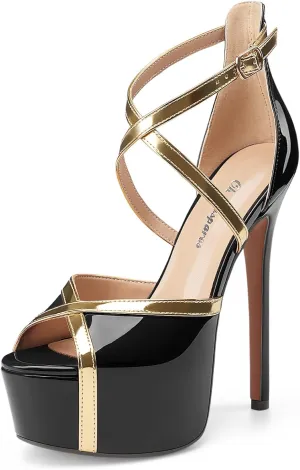 Oh Mispares Stiletto High Heel Sandals Platform Peep Toe Gold Crisscross Strappy Buckle Comfy 6 inch Heeled Spring Summer Sandals for Women Dressy