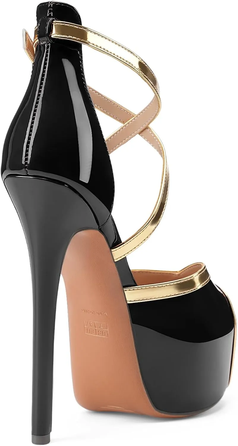 Oh Mispares Stiletto High Heel Sandals Platform Peep Toe Gold Crisscross Strappy Buckle Comfy 6 inch Heeled Spring Summer Sandals for Women Dressy