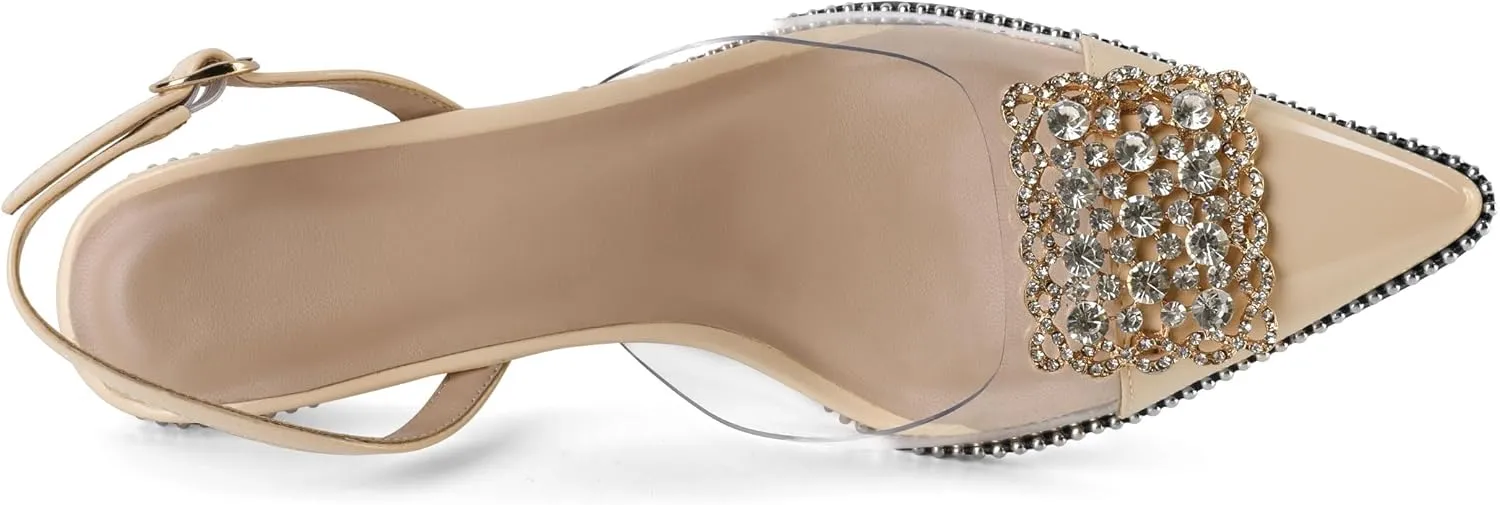 Soireelady Womens Low Kitten Slingback Heel Pumps Transparent Clear PVC Shoes Pointed Toe Slip On Crystal Rhinestones Dress Shoes 2.5 Inches
