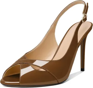 Soireelady Womens Slingback Heels Peep Toe Stiletto High Heel Pumps Slip On Stilettos Cross Strap Adjustable Buckle Dress Shoes Patent Leather 4 Inches