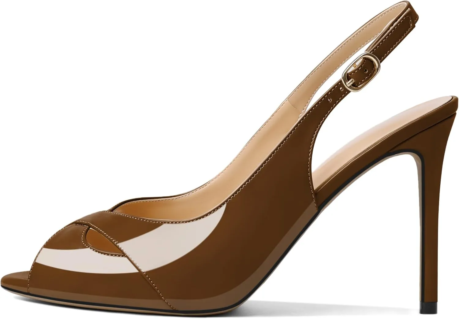Soireelady Womens Slingback Heels Peep Toe Stiletto High Heel Pumps Slip On Stilettos Cross Strap Adjustable Buckle Dress Shoes Patent Leather 4 Inches