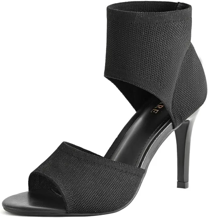 Women Retro Peep Toe Elegant Stiletto Low Heeled Sandals Stretchy Heels Knit Booties Sandals Black Heels Sandals for Prom, Party