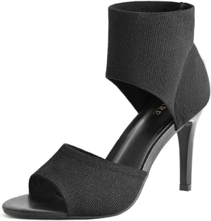 Women Retro Peep Toe Elegant Stiletto Low Heeled Sandals Stretchy Heels Knit Booties Sandals Black Heels Sandals for Prom, Party